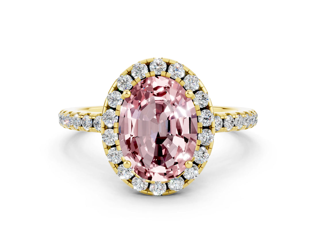Yellow gold Oval Cut Cut Diamond Floral Halo Engagement Ring with Pavé Band and Prong Setting