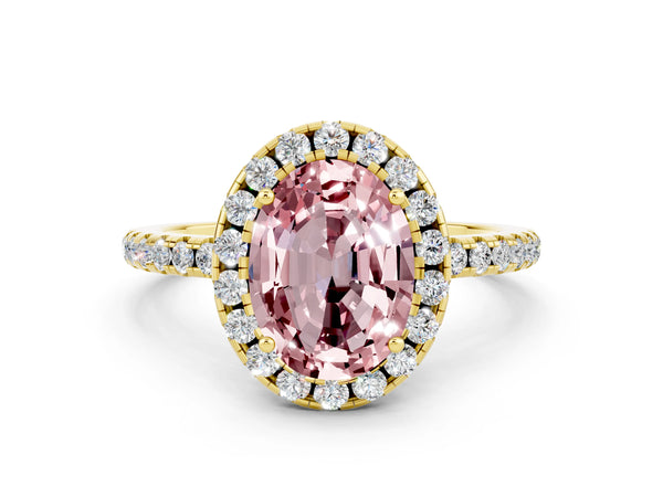 Yellow gold Oval Cut Cut Diamond Floral Halo Engagement Ring with Pavé Band and Prong Setting