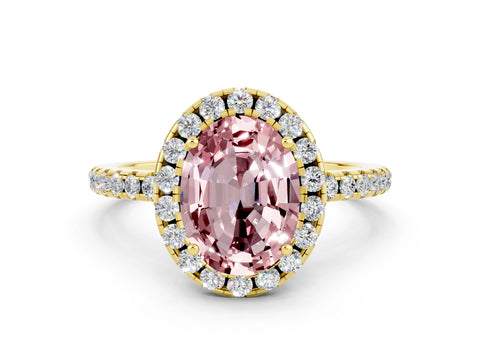 Yellow gold Oval Cut Cut Diamond Floral Halo Engagement Ring with Pavé Band and Prong Setting