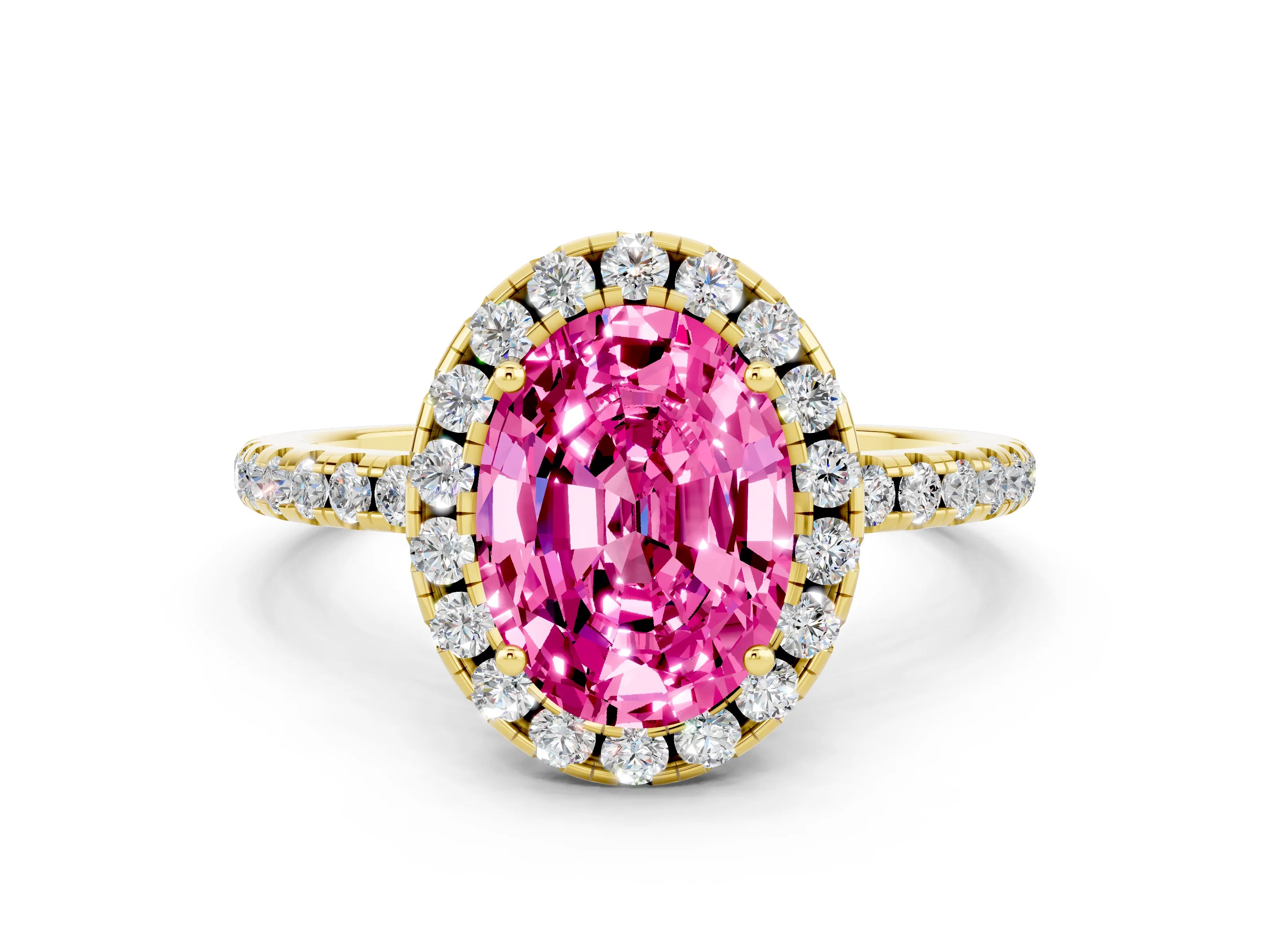 Yellow gold Oval Cut Cut Diamond Floral Halo Engagement Ring with Pavé Band and Prong Setting