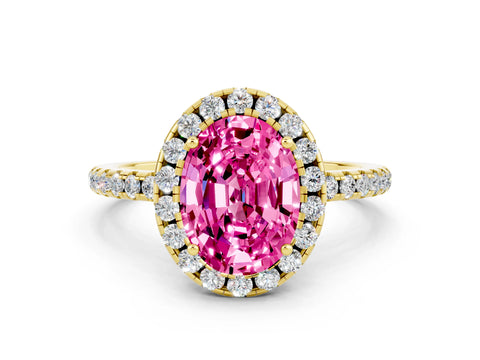 Yellow gold Oval Cut Cut Diamond Floral Halo Engagement Ring with Pavé Band and Prong Setting