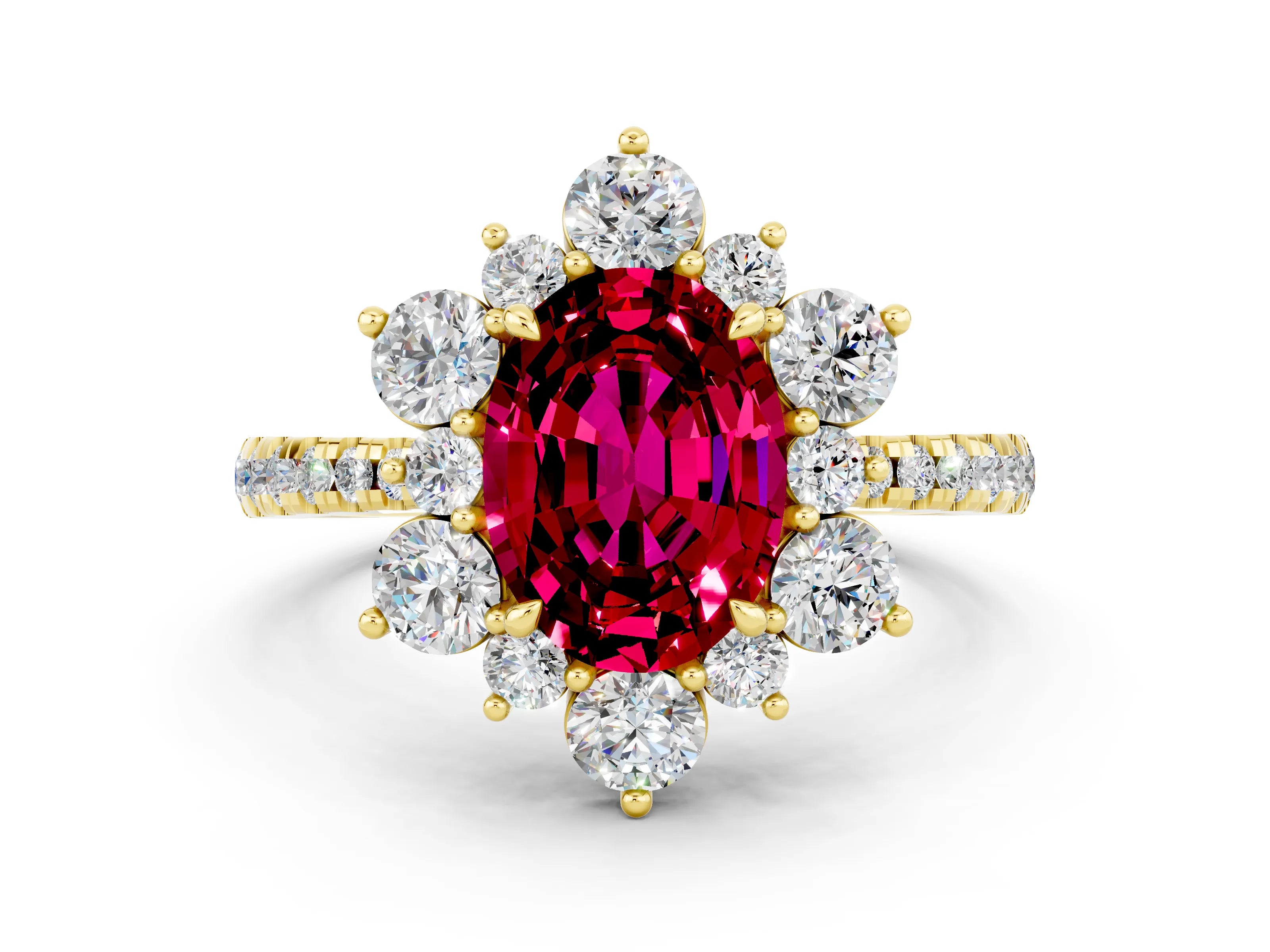 Yellow gold Oval Cut Cut Diamond Floral Halo Pave Band with Prong Setting