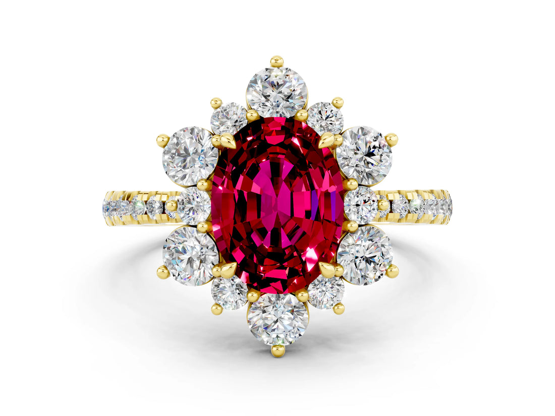 Yellow gold Oval Cut Cut Diamond Floral Halo Pave Band with Prong Setting