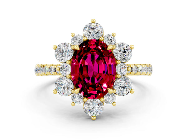 Yellow gold Oval Cut Garnet Floral Halo Ring with Round Pavé Band and Prong Setting