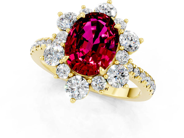 Yellow gold Oval Cut Garnet Floral Halo Ring with Round Pavé Band and Prong Setting