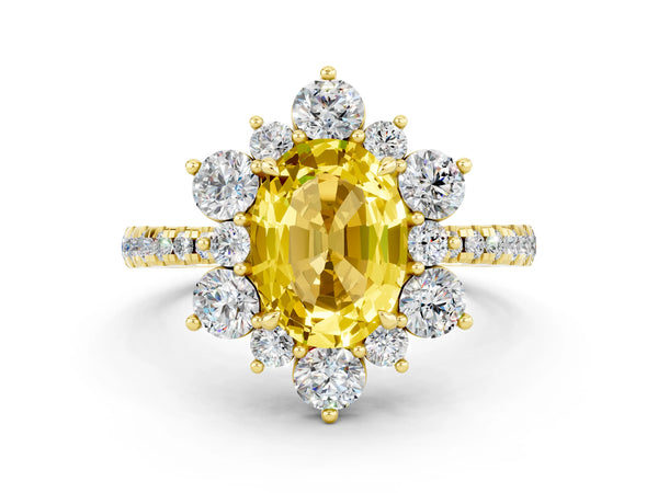 Yellow gold Oval Cut Yellow Sapphire Floral Halo Ring with Round Pavé Band and Prong Setting