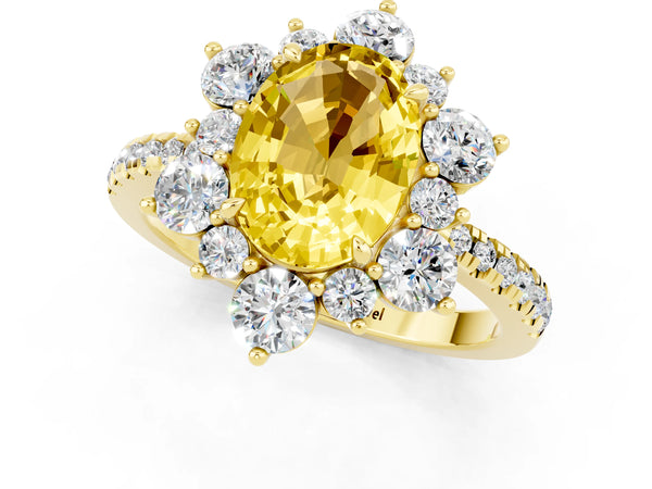 Yellow gold Oval Cut Yellow Sapphire Floral Halo Ring with Round Pavé Band and Prong Setting