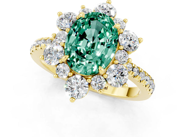Yellow gold Oval Cut Green Sapphire Floral Halo Ring with Round Pavé Band and Prong Setting