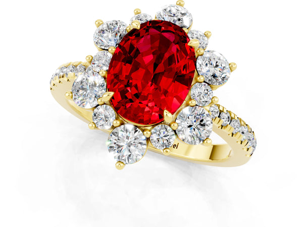 Yellow gold Oval Cut Ruby Floral Halo Ring with Round Pavé Band and Prong Setting