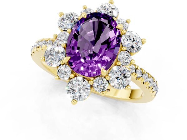 Yellow gold Oval Cut Amethyst Floral Halo Ring with Round Pavé Band and Prong Setting