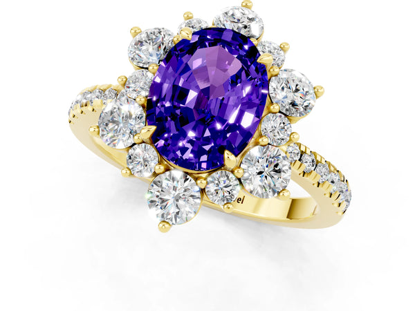 Yellow gold Oval Cut Tanzanite Floral Halo Ring with Round Pavé Band and Prong Setting