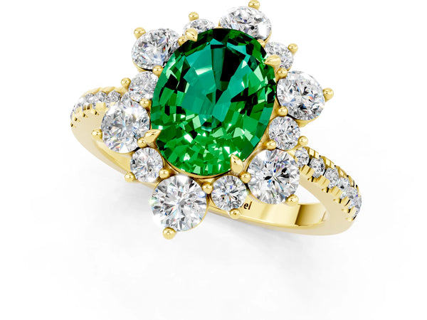 Yellow gold Oval Cut Emerald Floral Halo Ring with Round Pavé Band and Prong Setting