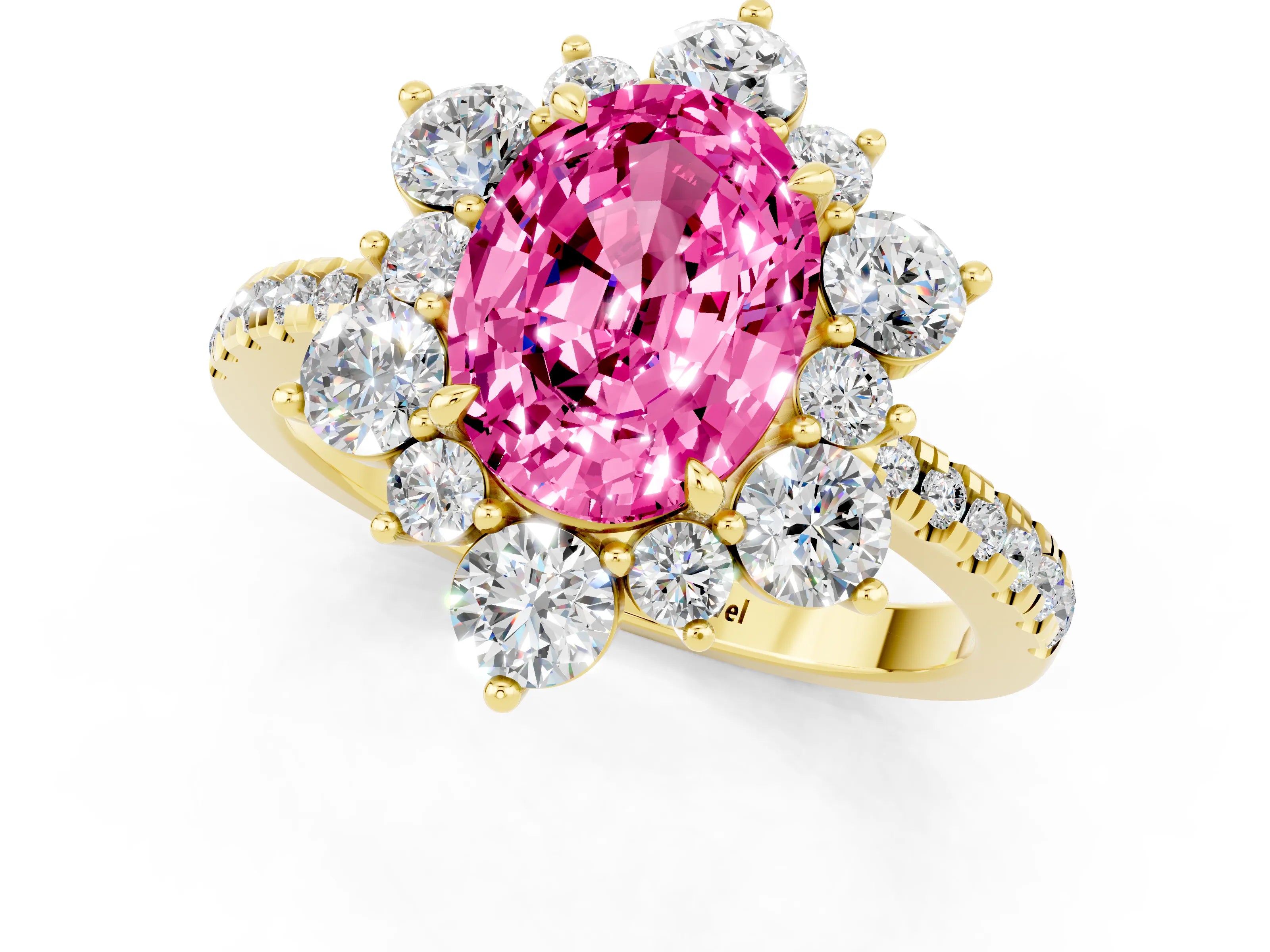 Yellow gold Oval Cut Cut Diamond Floral Halo Pave Band with Prong Setting_1