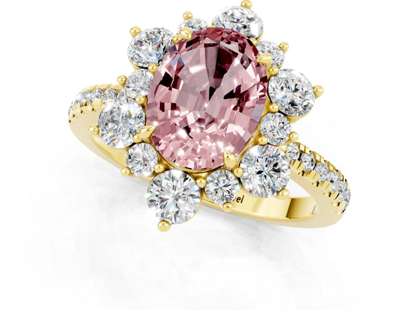 Yellow gold Oval Cut Cut Diamond Floral Halo Pave Band with Prong Setting