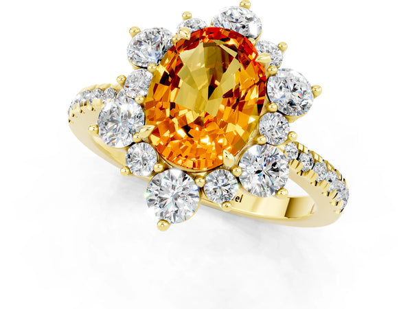 Yellow gold Oval Cut Citrine Floral Halo Ring with Round Pavé Band and Prong Setting
