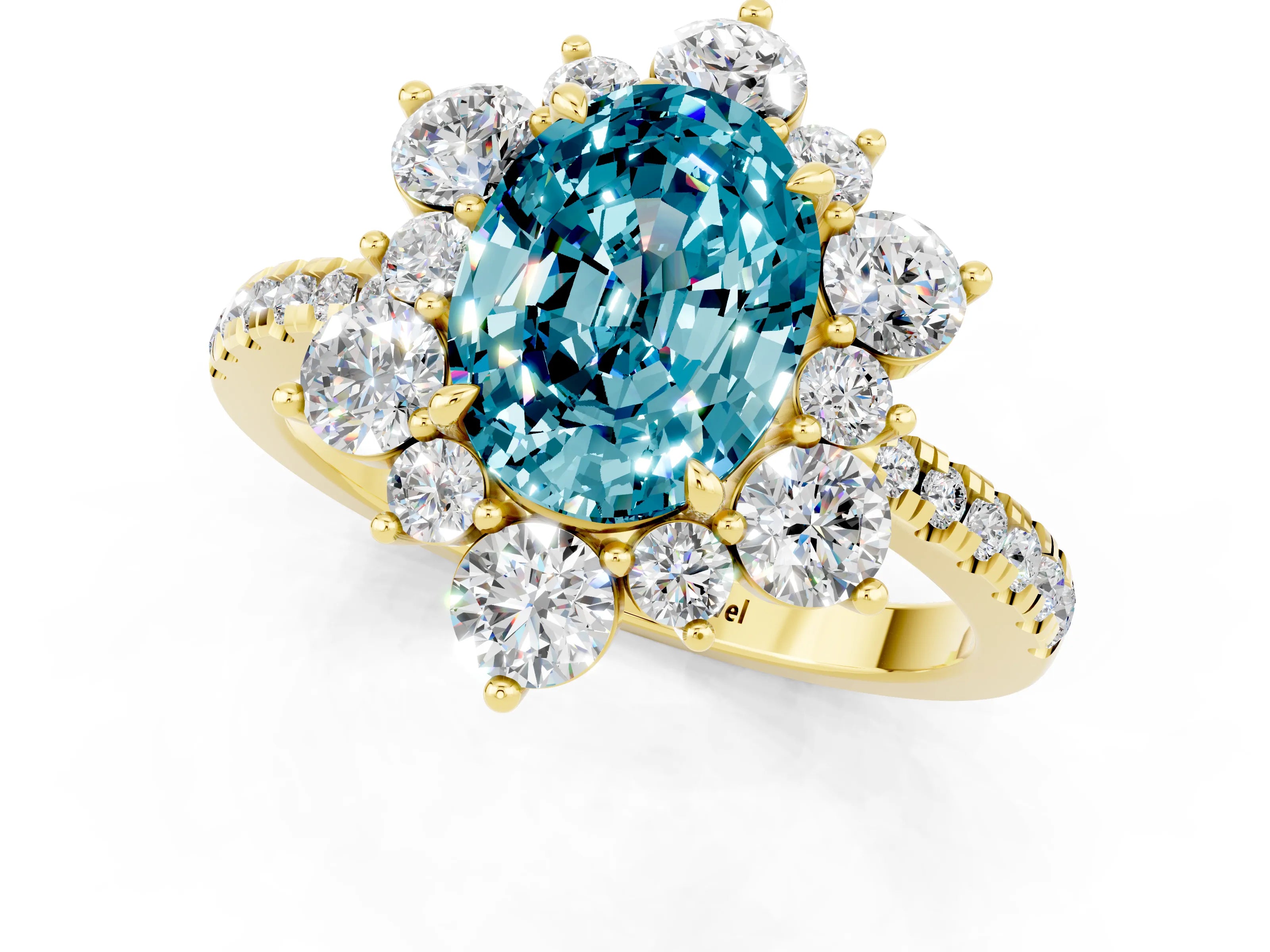 Yellow gold Oval Cut Cut Diamond Floral Halo Pave Band with Prong Setting_1