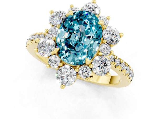 Yellow gold Oval Cut Cut Diamond Floral Halo Pave Band with Prong Setting