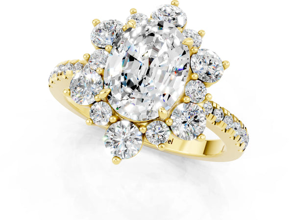 Yellow gold Oval Cut Moissanite Floral Halo Ring with Round Pavé Band and Prong Setting