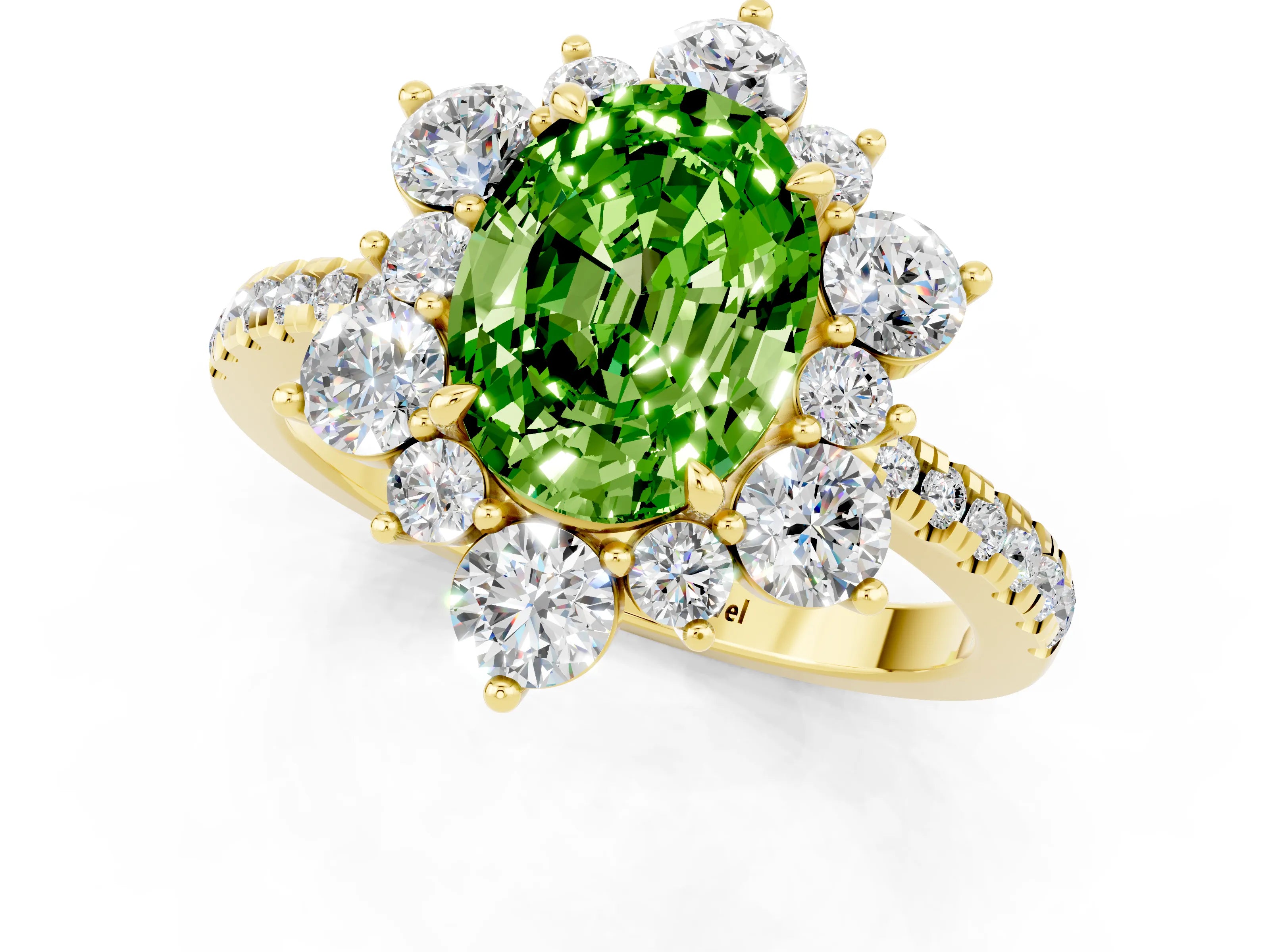 Yellow gold Oval Cut Cut Diamond Floral Halo Pave Band with Prong Setting_1