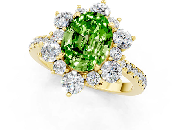 Yellow gold Oval Cut Cut Diamond Floral Halo Pave Band with Prong Setting
