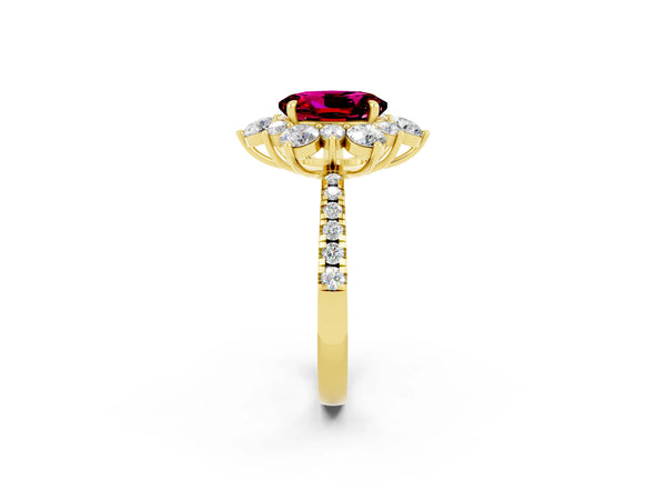 Yellow gold Oval Cut Garnet Floral Halo Ring with Round Pavé Band and Prong Setting