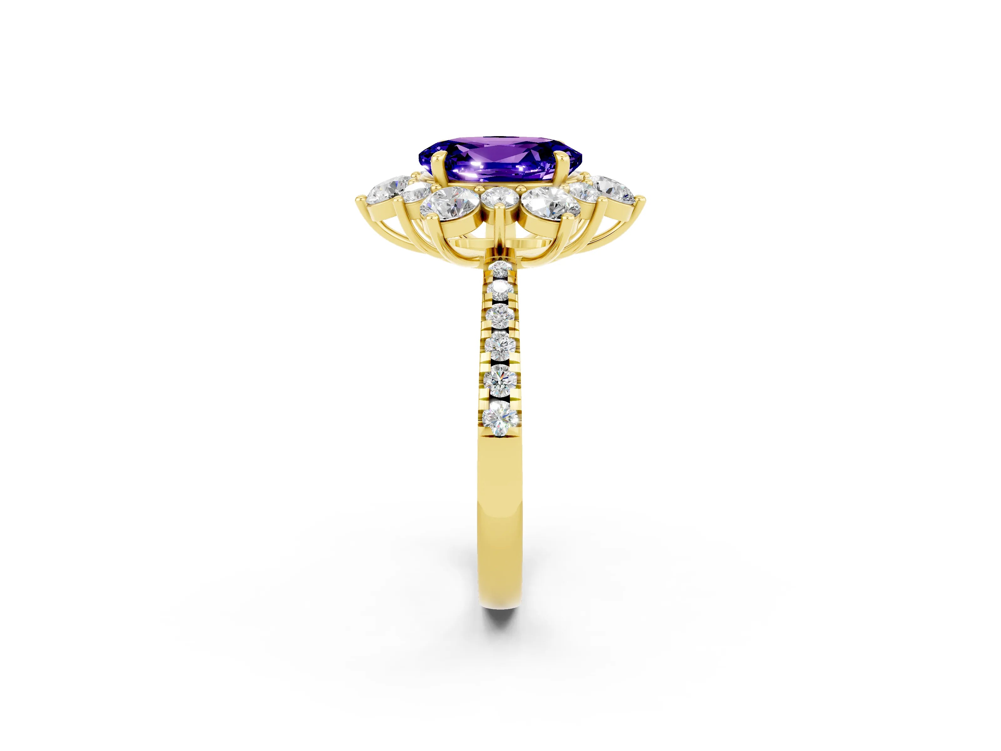 Yellow gold Oval Cut Cut Diamond Floral Halo Pave Band with Prong Setting_2