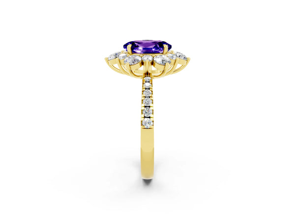Yellow gold Oval Cut Tanzanite Floral Halo Ring with Round Pavé Band and Prong Setting