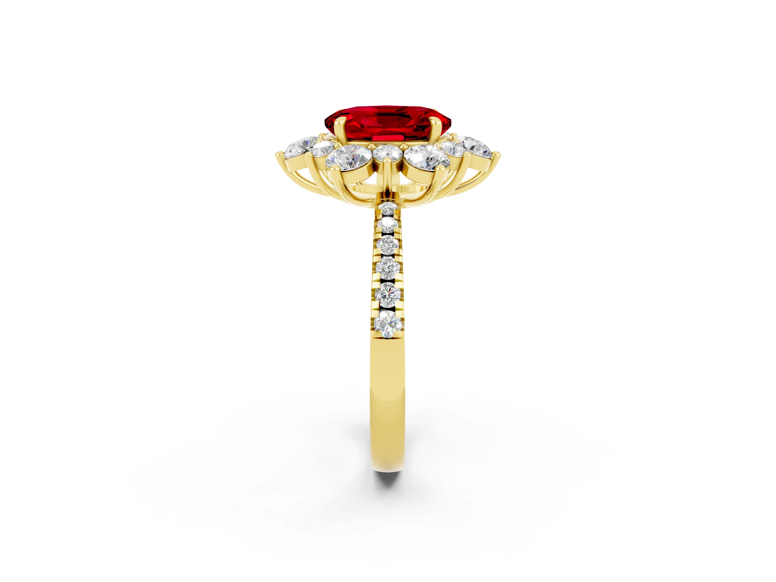 Yellow gold Oval Cut Cut Diamond Floral Halo Pave Band with Prong Setting_2