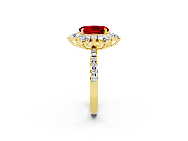 Yellow gold Oval Cut Ruby Floral Halo Ring with Round Pavé Band and Prong Setting