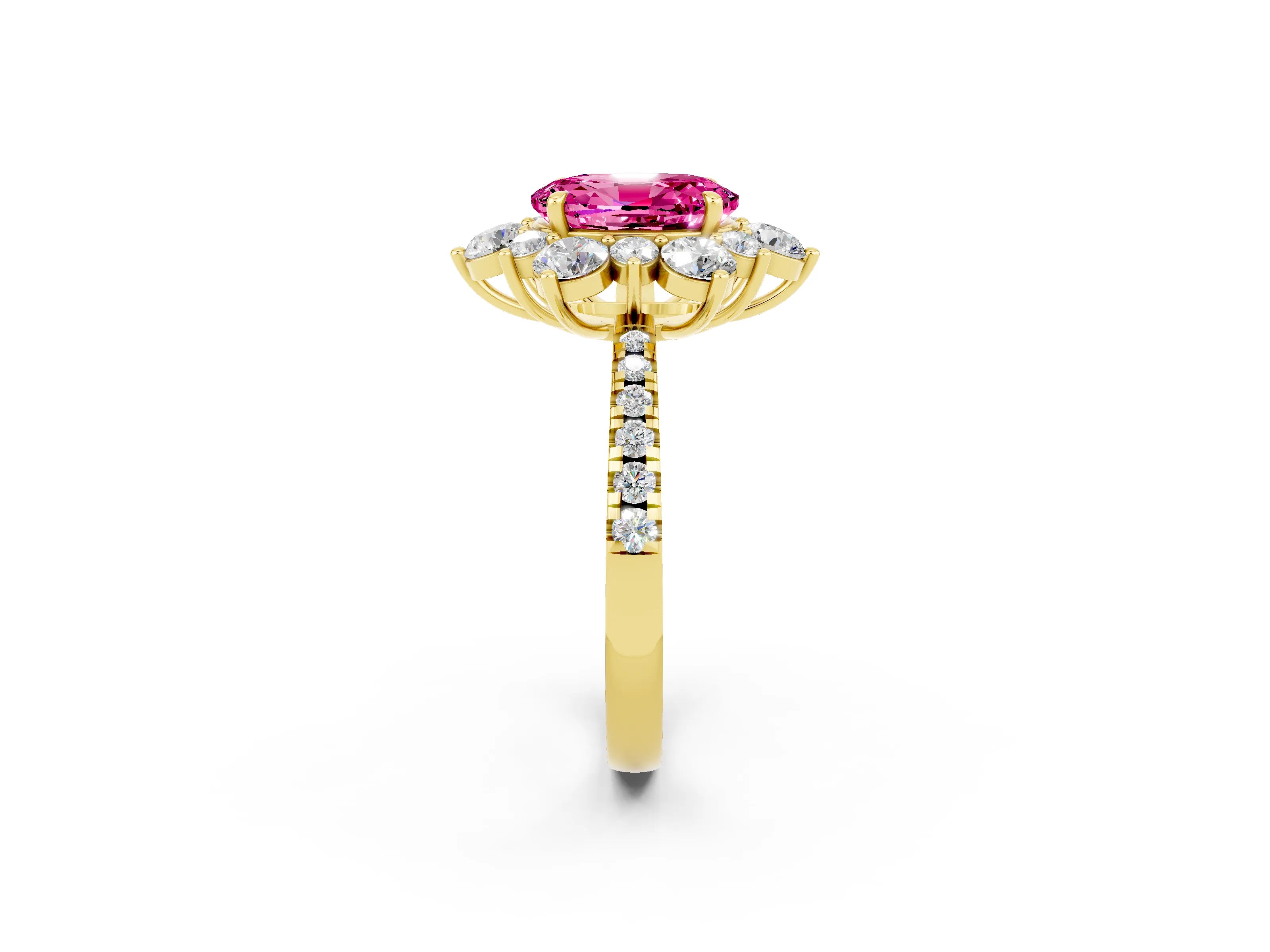 Yellow gold Oval Cut Cut Diamond Floral Halo Pave Band with Prong Setting_2