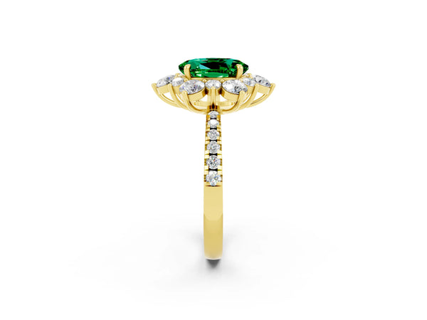 Yellow gold Oval Cut Emerald Floral Halo Ring with Round Pavé Band and Prong Setting