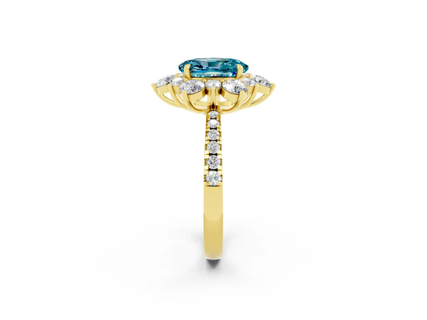 Yellow gold Oval Cut Cut Diamond Floral Halo Pave Band with Prong Setting