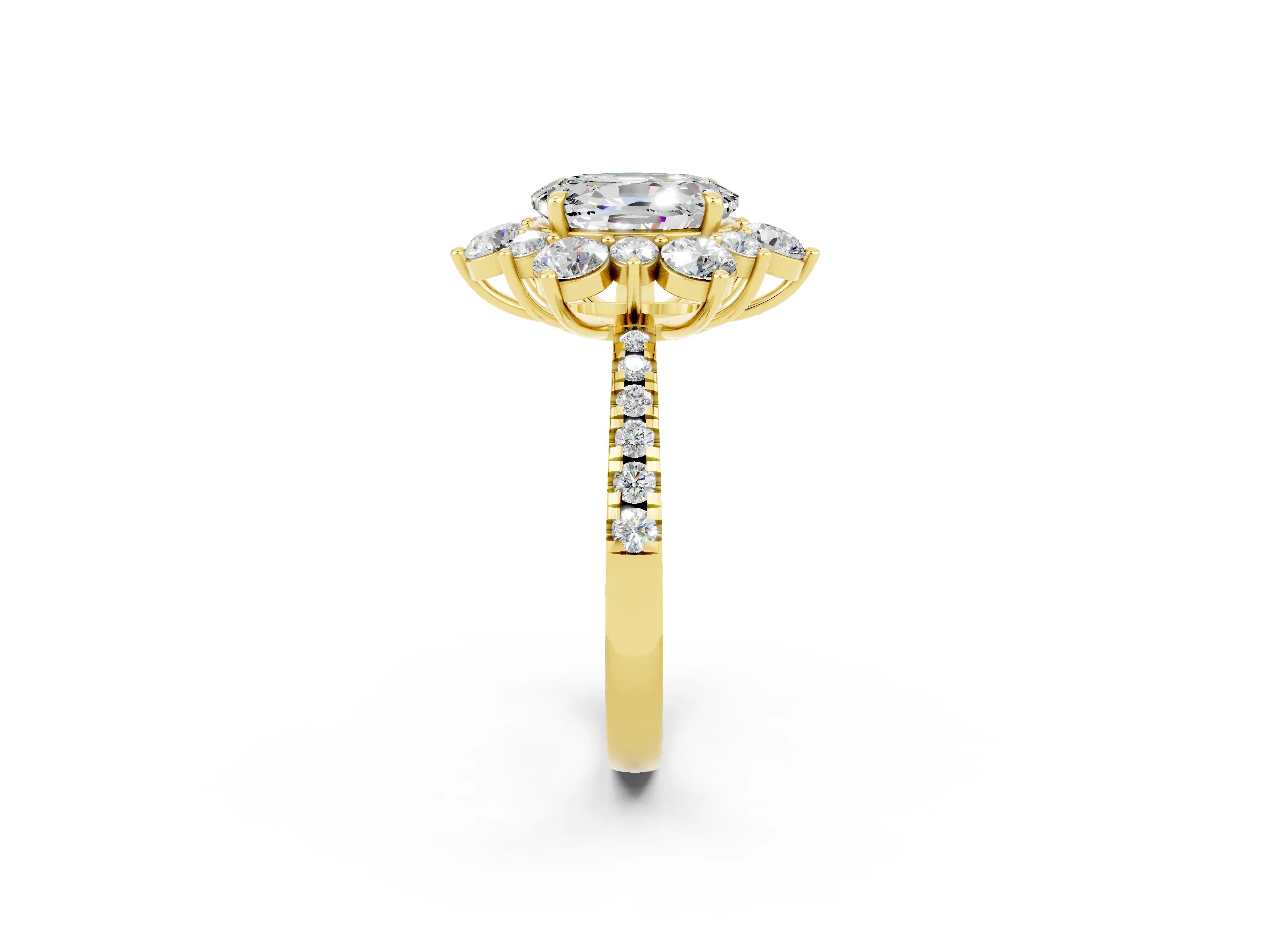 Yellow gold Oval Cut Cut Diamond Floral Halo Pave Band with Prong Setting_2