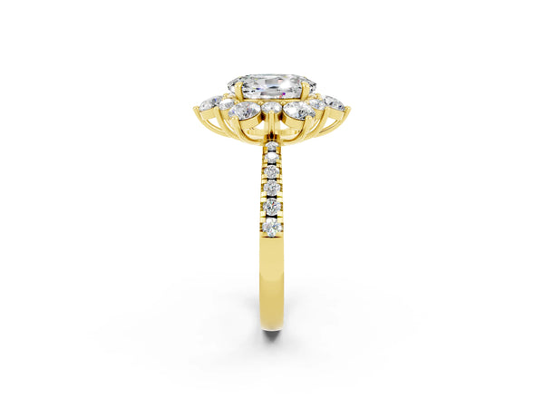 Yellow gold Oval Cut Moissanite Floral Halo Ring with Round Pavé Band and Prong Setting