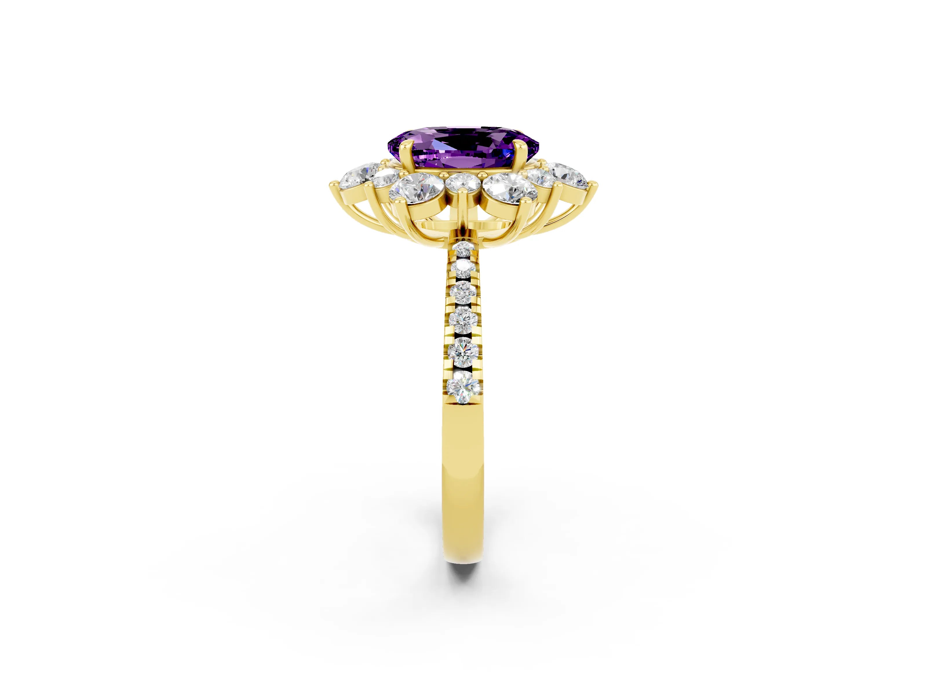 Yellow gold Oval Cut Cut Diamond Floral Halo Pave Band with Prong Setting_2