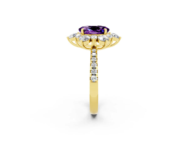 Yellow gold Oval Cut Amethyst Floral Halo Ring with Round Pavé Band and Prong Setting