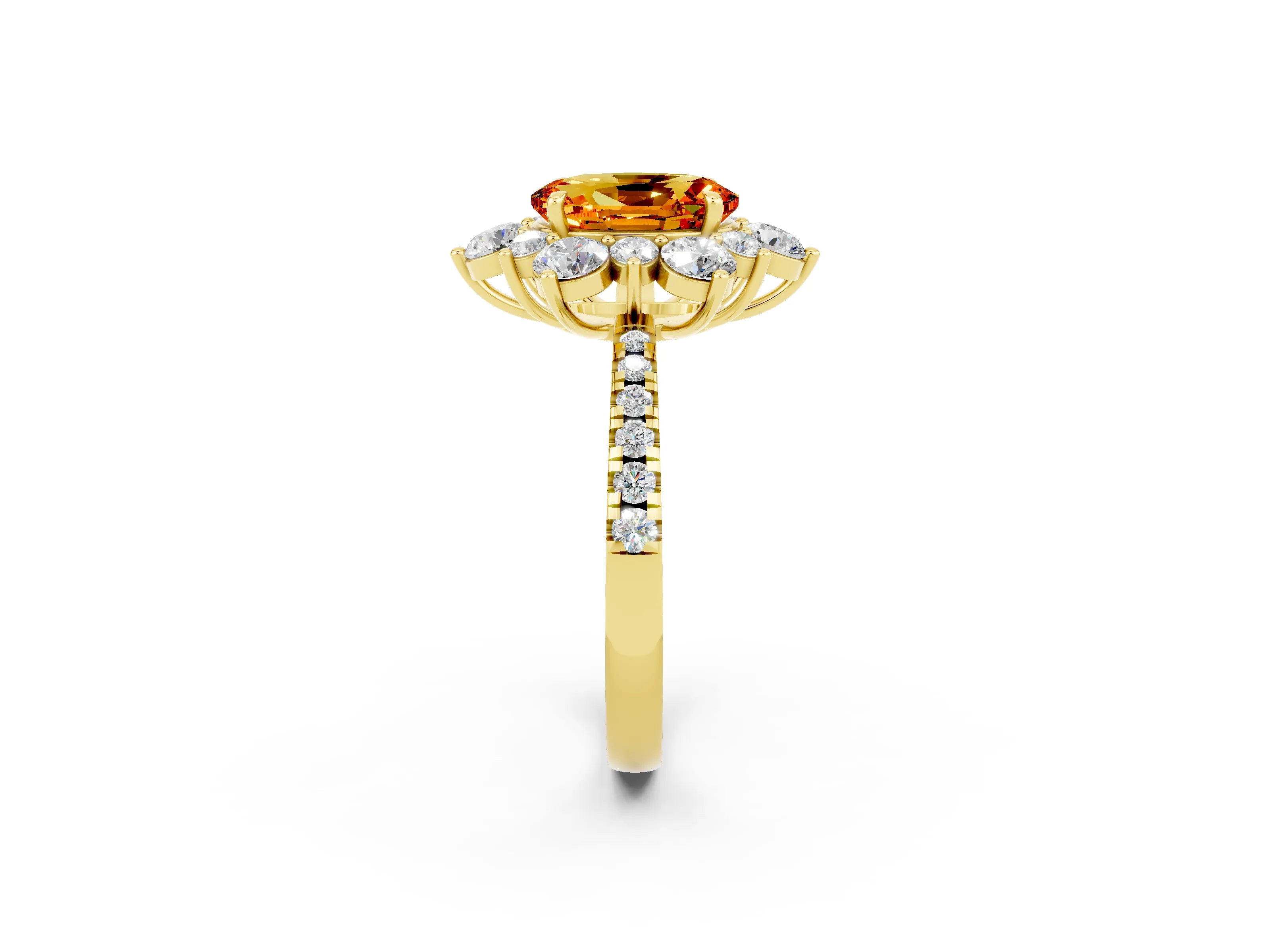 Yellow gold Oval Cut Cut Diamond Floral Halo Pave Band with Prong Setting_2