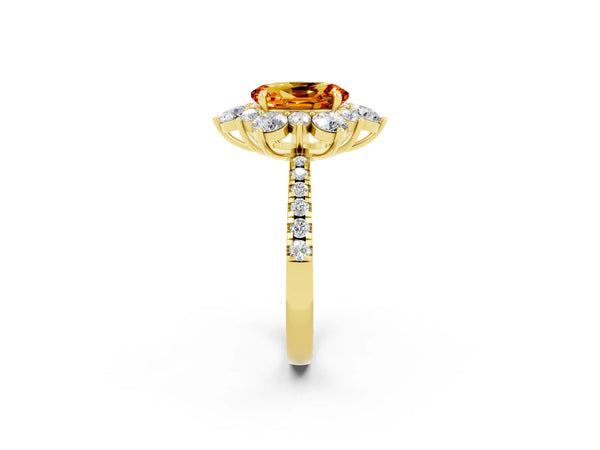 Yellow gold Oval Cut Citrine Floral Halo Ring with Round Pavé Band and Prong Setting