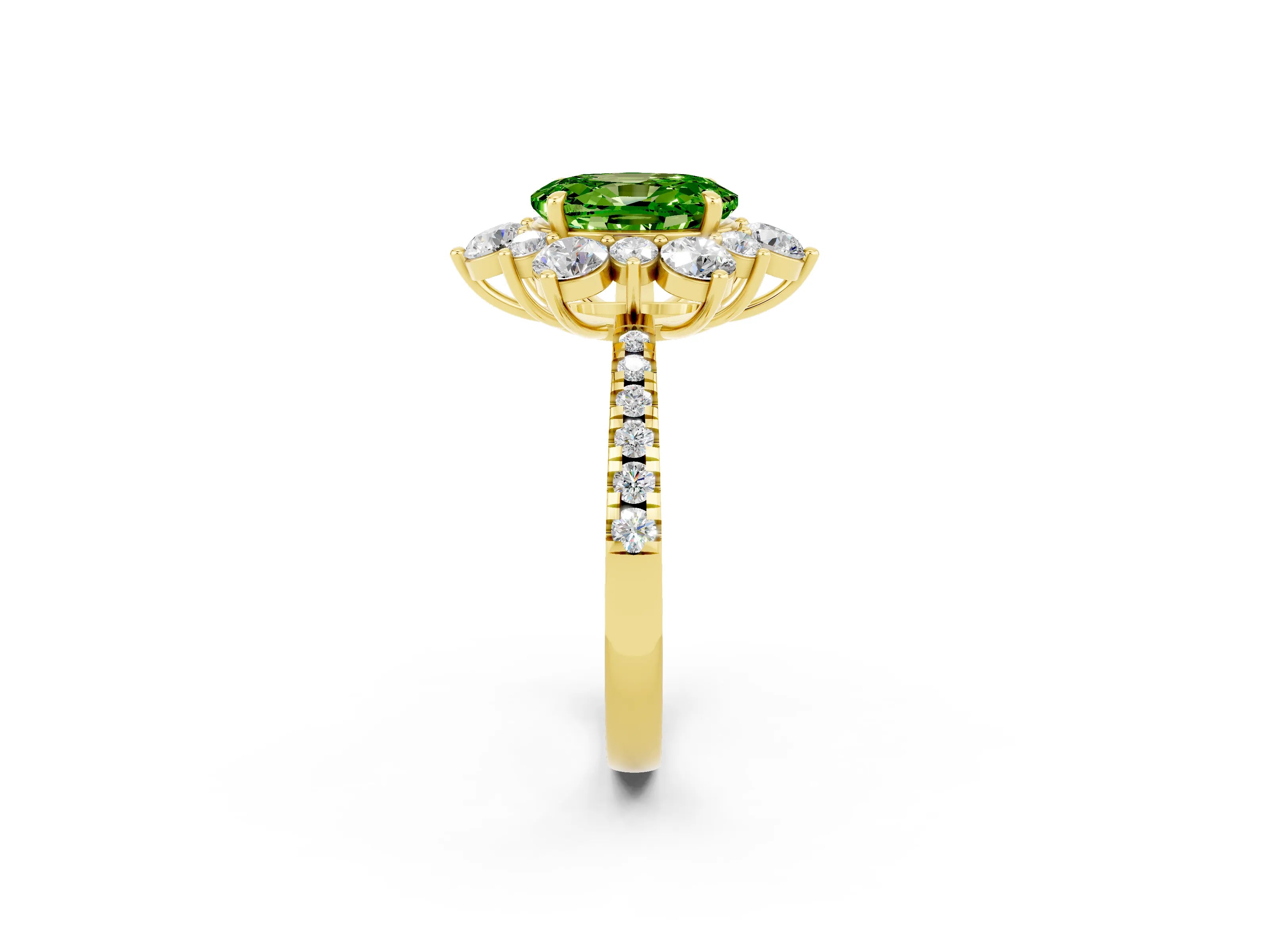 Yellow gold Oval Cut Cut Diamond Floral Halo Pave Band with Prong Setting_2