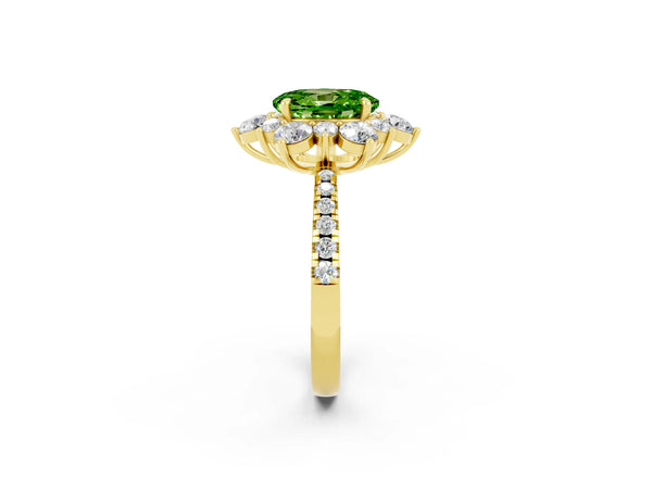 Yellow gold Oval Cut Cut Diamond Floral Halo Pave Band with Prong Setting