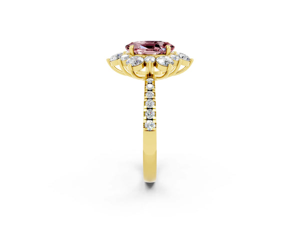 Yellow gold Oval Cut Cut Diamond Floral Halo Pave Band with Prong Setting