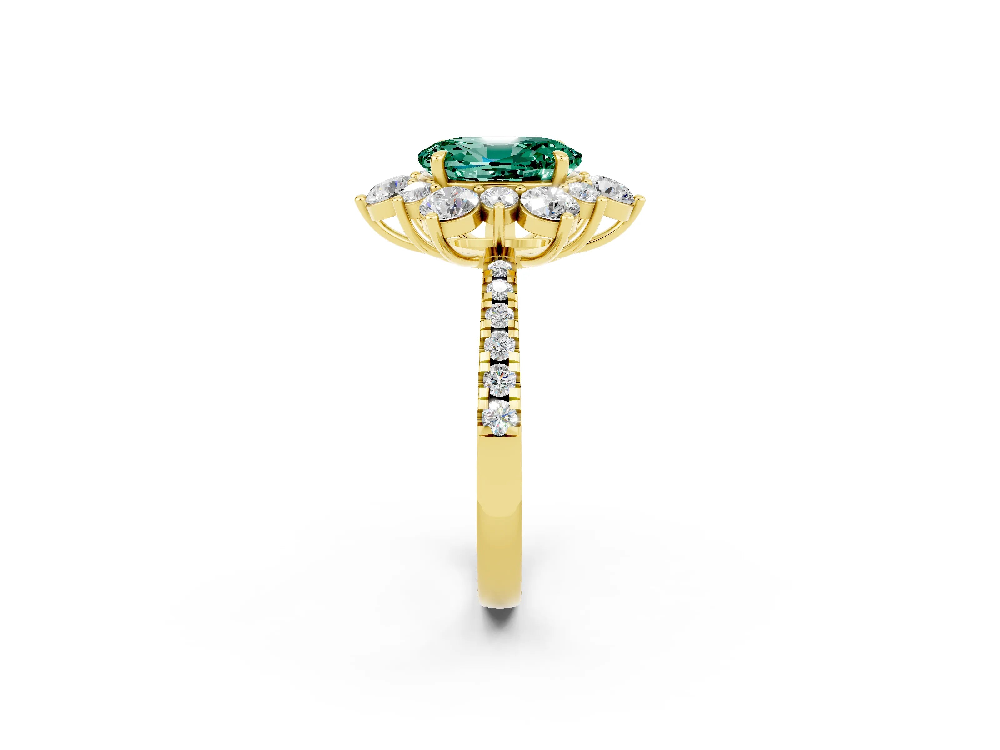 Yellow gold Oval Cut Cut Diamond Floral Halo Pave Band with Prong Setting_2