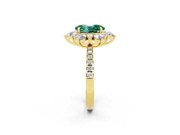 Yellow gold Oval Cut Green Sapphire Floral Halo Ring with Round Pavé Band and Prong Setting