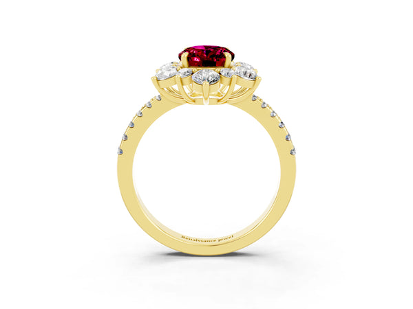 Yellow gold Oval Cut Garnet Floral Halo Ring with Round Pavé Band and Prong Setting