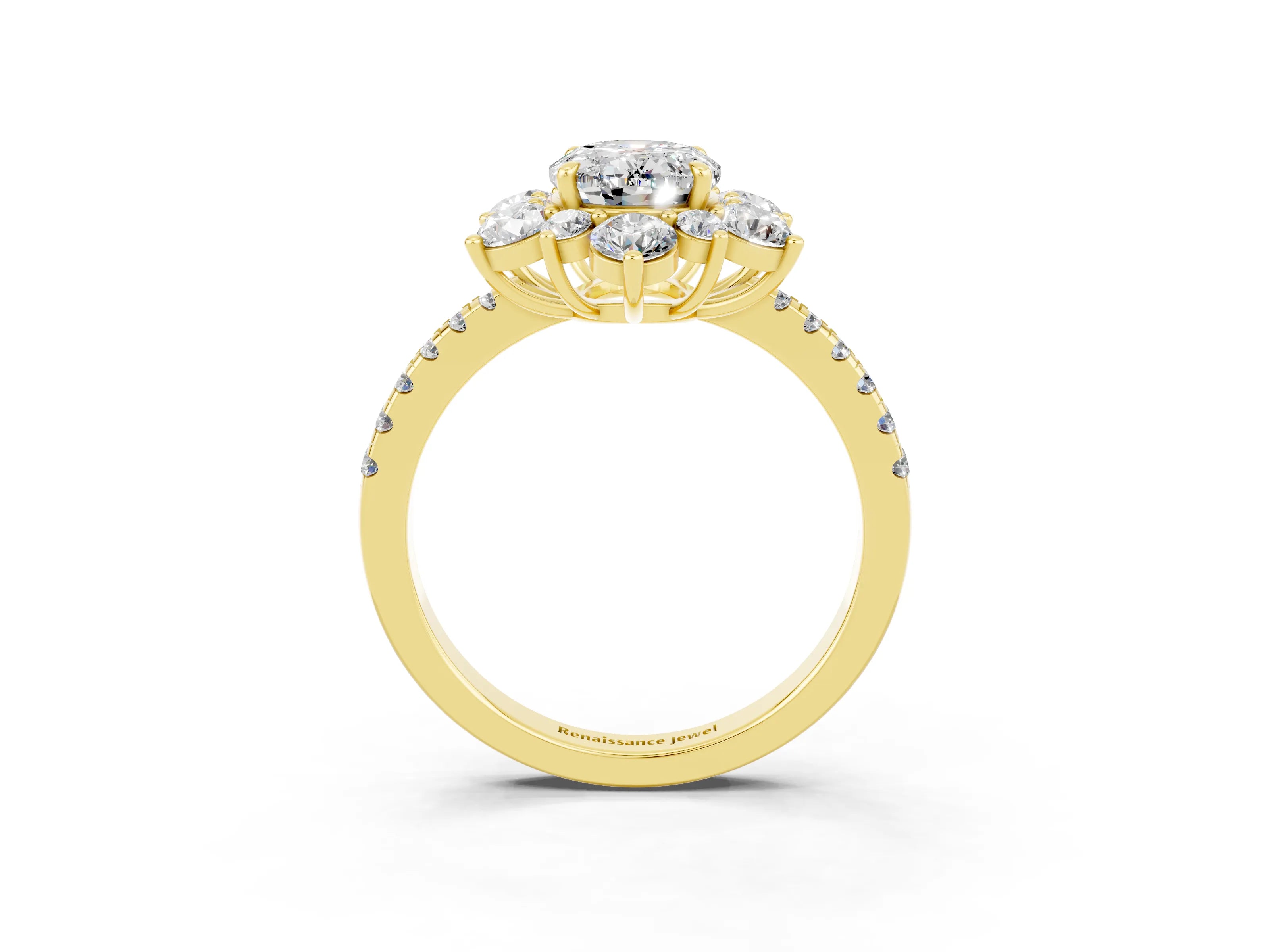 Yellow gold Oval Cut Cut Diamond Floral Halo Pave Band with Prong Setting_3