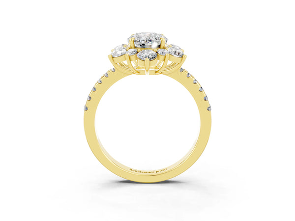 Yellow gold Oval Cut Moissanite Floral Halo Ring with Round Pavé Band and Prong Setting