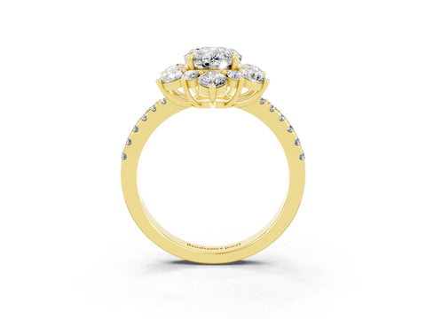 Yellow gold Oval Cut Cut Diamond Floral Halo Pave Band with Prong Setting_3
