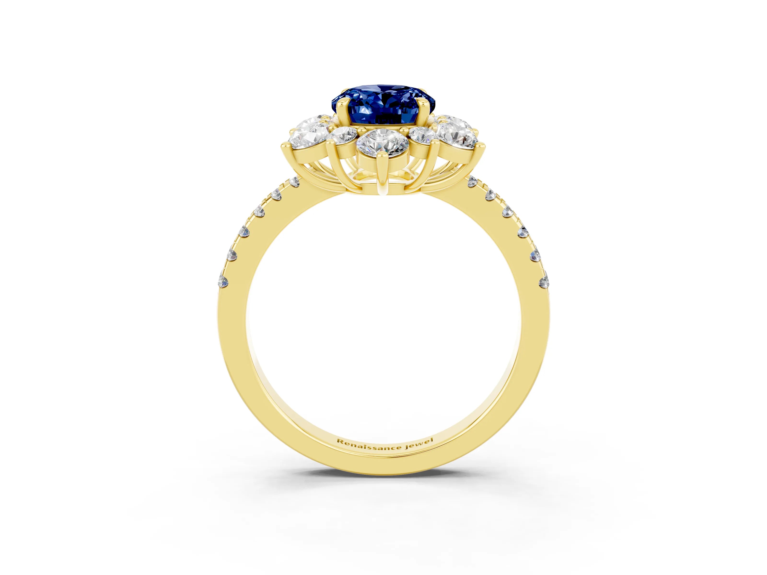Yellow gold Oval Cut Cut Diamond Floral Halo Pave Band with Prong Setting_3