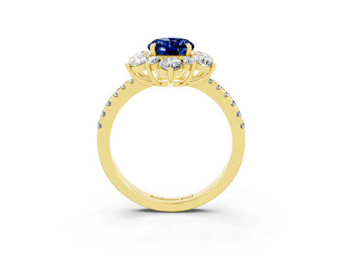 Yellow gold Oval Cut Cut Diamond Floral Halo Pave Band with Prong Setting_3