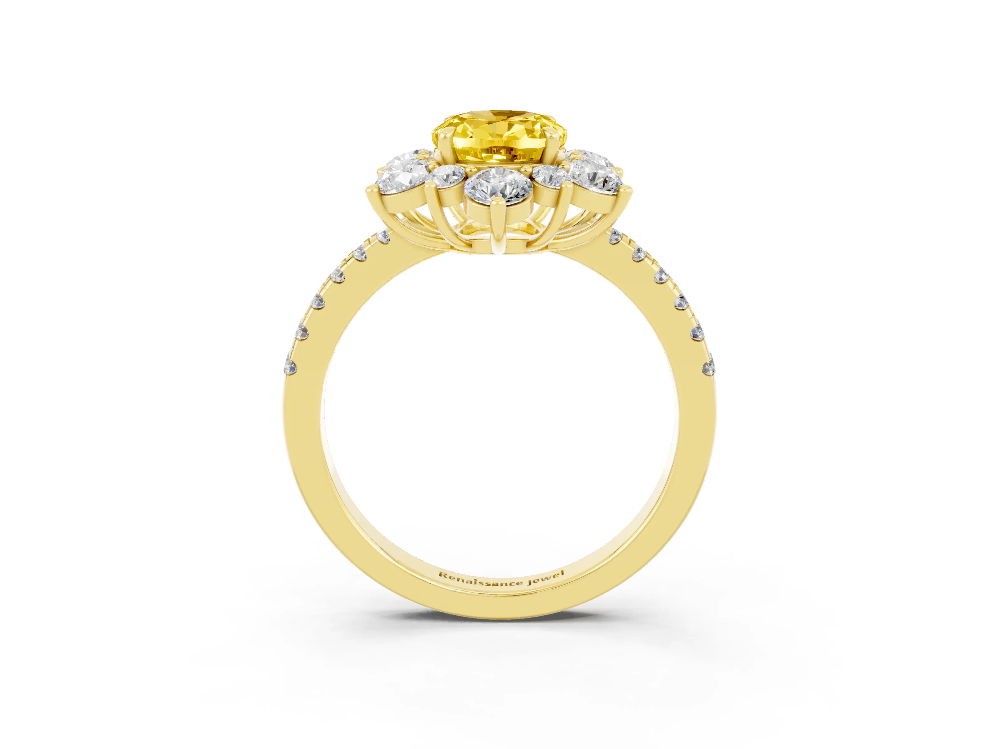 Yellow gold Oval Cut Cut Diamond Floral Halo Pave Band with Prong Setting_3